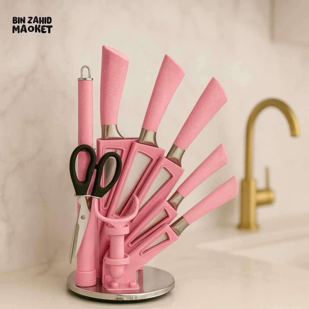 LUXURY PINK CUTLERY KNIFE SET – 8-PIECE WITH HOLDER RUST-PROOF