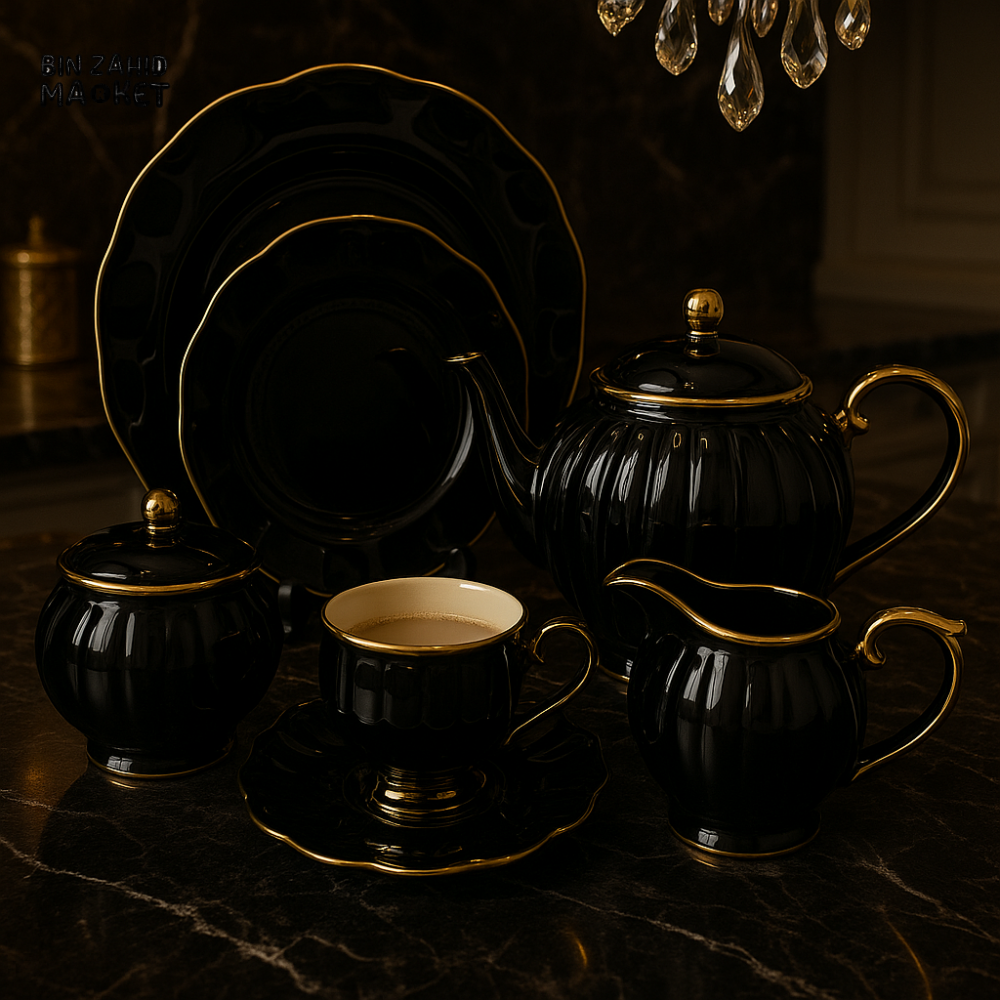 LUXURY PORCELAIN 24 PIECE TEA SET - BLACK WITH GOLD TRIM