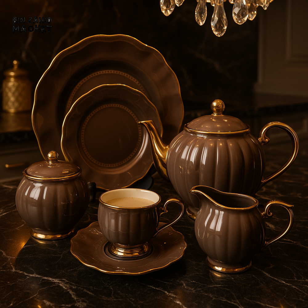 LUXURY PORCELAIN 24 PIECE TEA SET - BROWN WITH GOLD TRIM