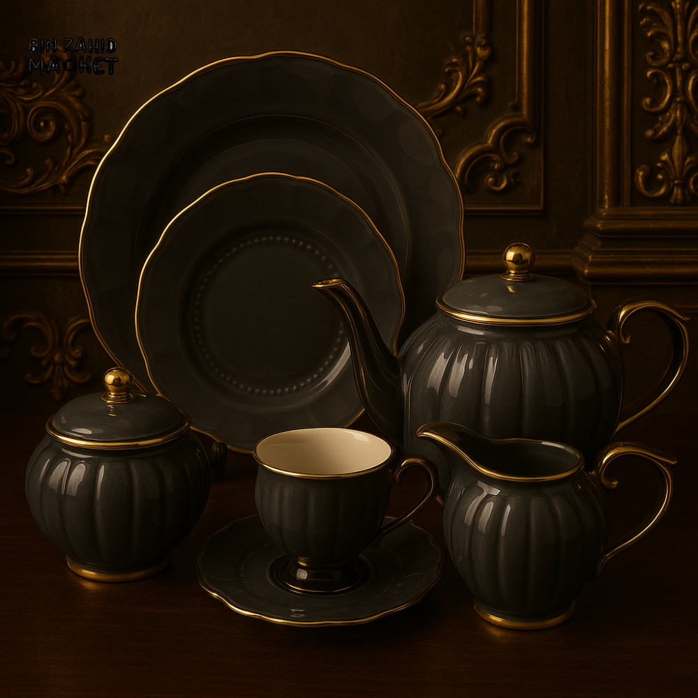 LUXURY PORCELAIN 24 PIECE TEA SET - GRAY WITH GOLD TRIM