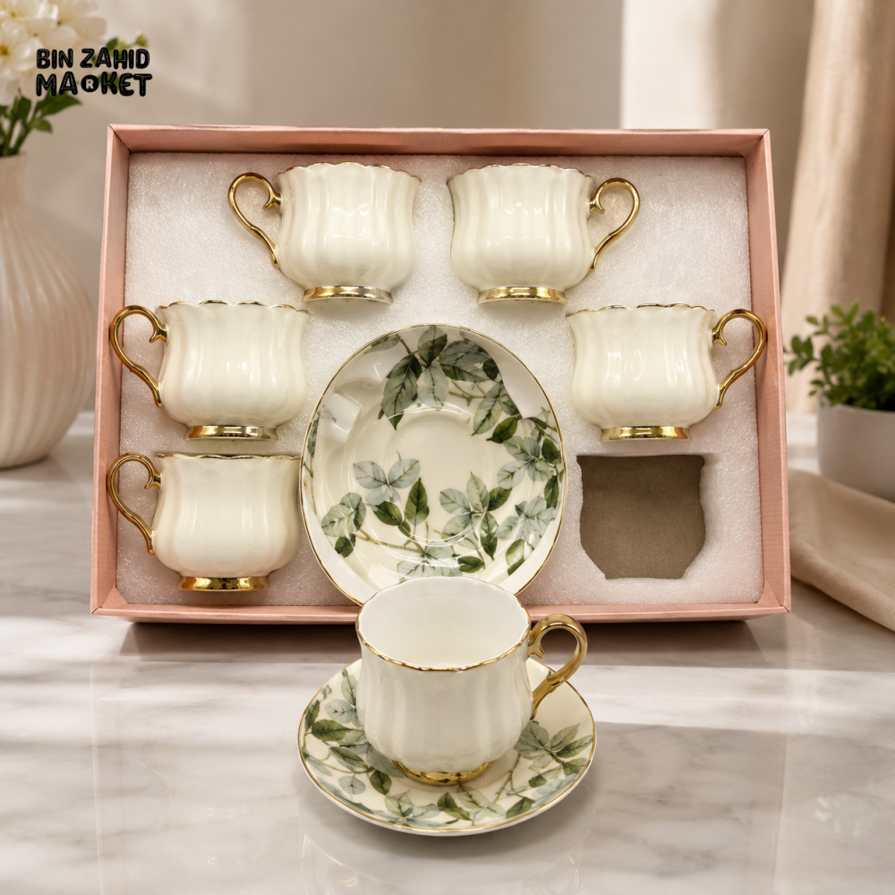 LUXURY PORCELAIN TEA CUP AND SAUCER SET WITH GOLD TRIM