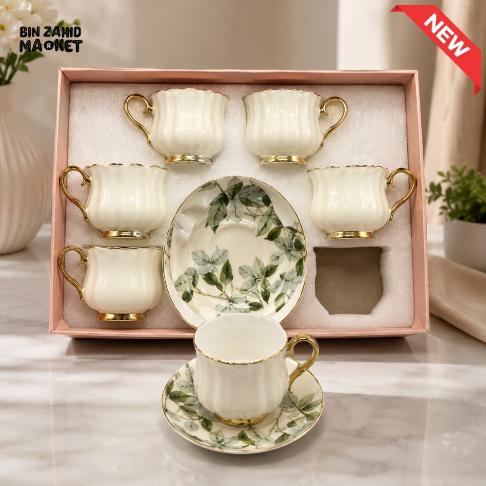 LUXURY PORCELAIN TEA CUP AND SAUCER SET WITH GOLD TRIM
