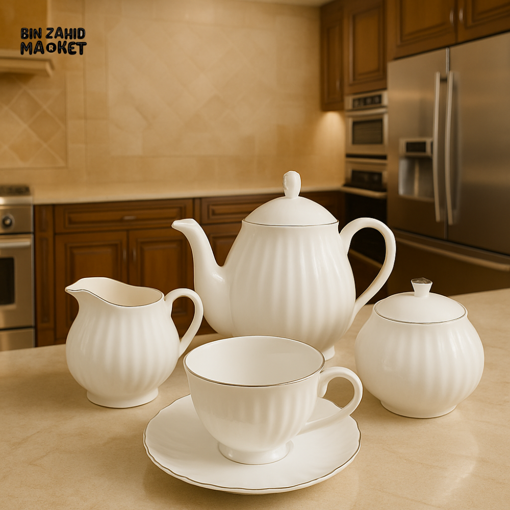 LUXURY PORCELAIN TEA SET 17-PIECE GOLD TRIMMED PUMPKIN FLUTED DESIGN