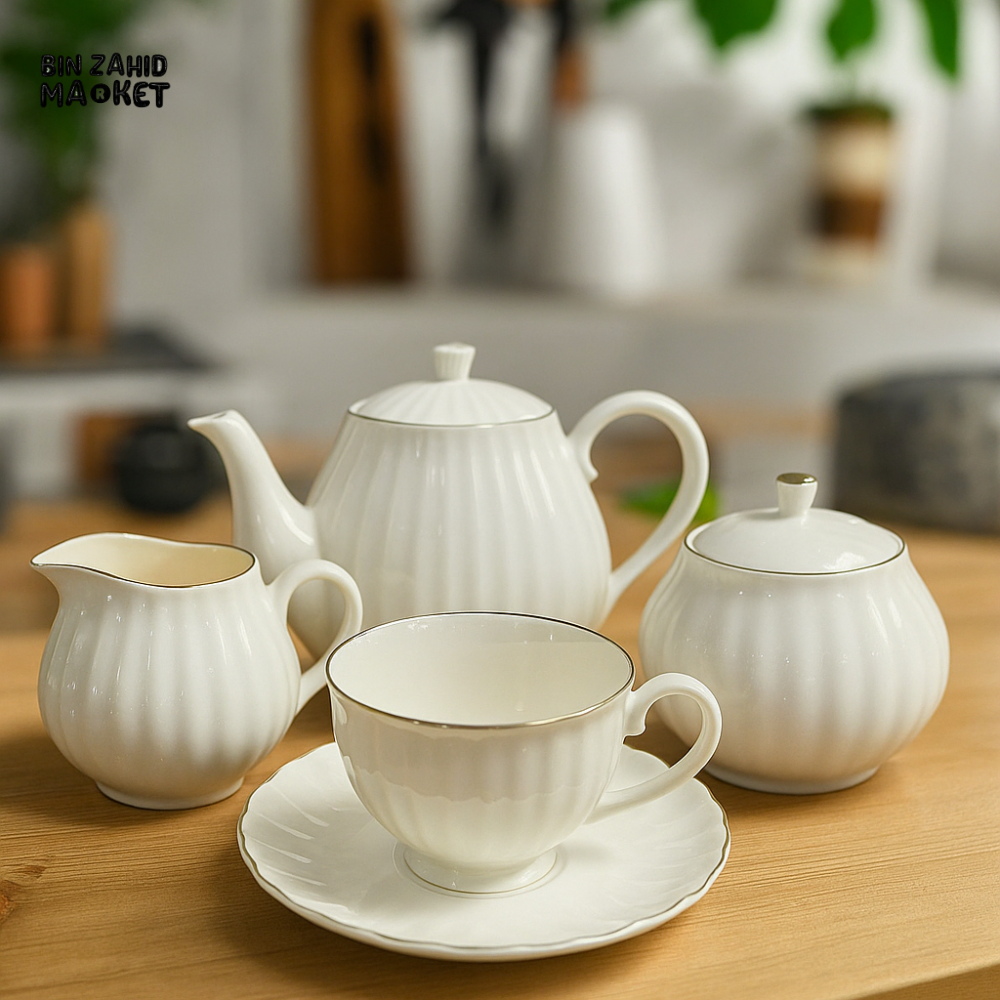 LUXURY PORCELAIN TEA SET 17-PIECE GOLD TRIMMED PUMPKIN FLUTED DESIGN