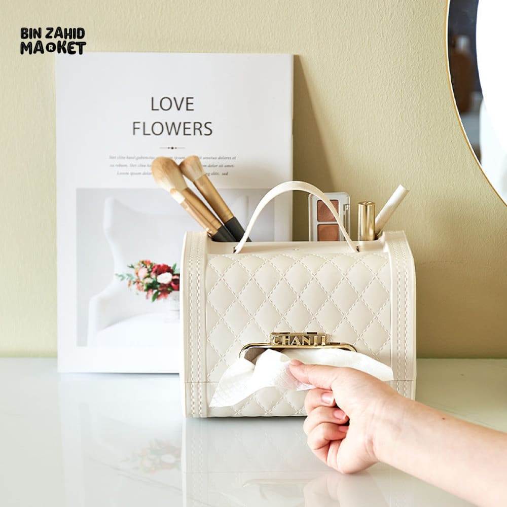 LUXURY QUILTED TISSUE BOX WITH HANDLE – ELEGANT TABLETOP ORGANIZER FOR VILLA INTERIORS
