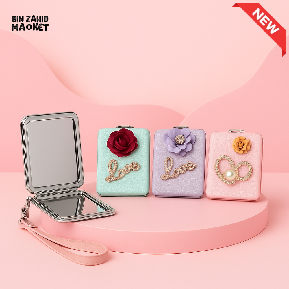 LUXURY RECTANGULAR COSMETIC MIRROR – DOUBLE-SIDED DESIGN WITH FLORAL LOVE EMBELLISHMENT & WRIST STRAP