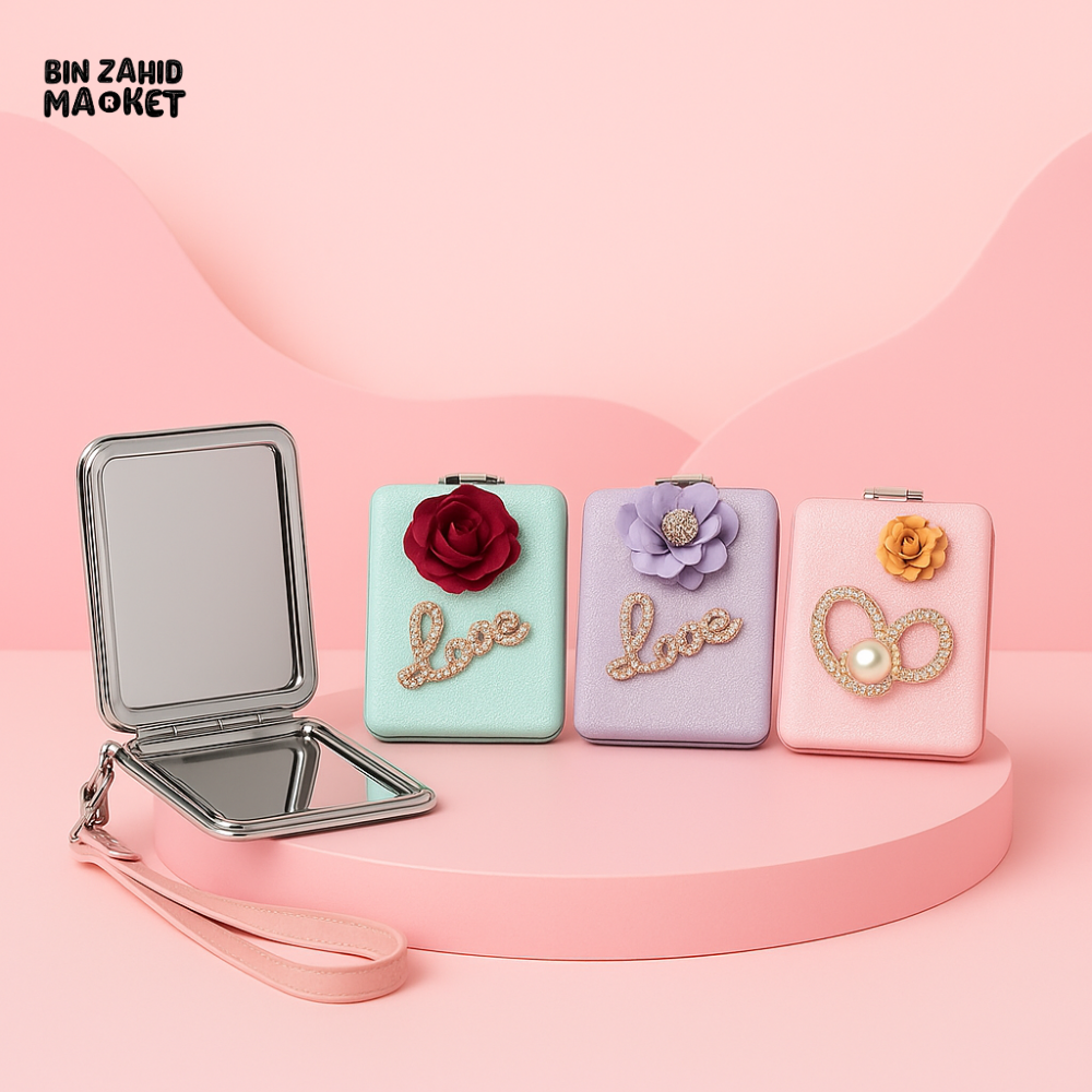 LUXURY RECTANGULAR COSMETIC MIRROR – DOUBLE-SIDED DESIGN WITH FLORAL LOVE EMBELLISHMENT & WRIST STRAP