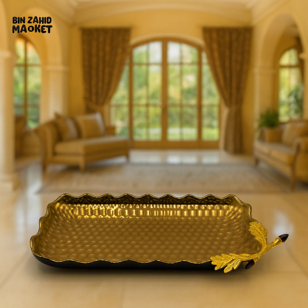 LUXURY RECTANGULAR GOLD SERVING TRAY WITH OAK LEAF HANDLE – HIGH-END VILLA DÉCOR - 12 M10-B