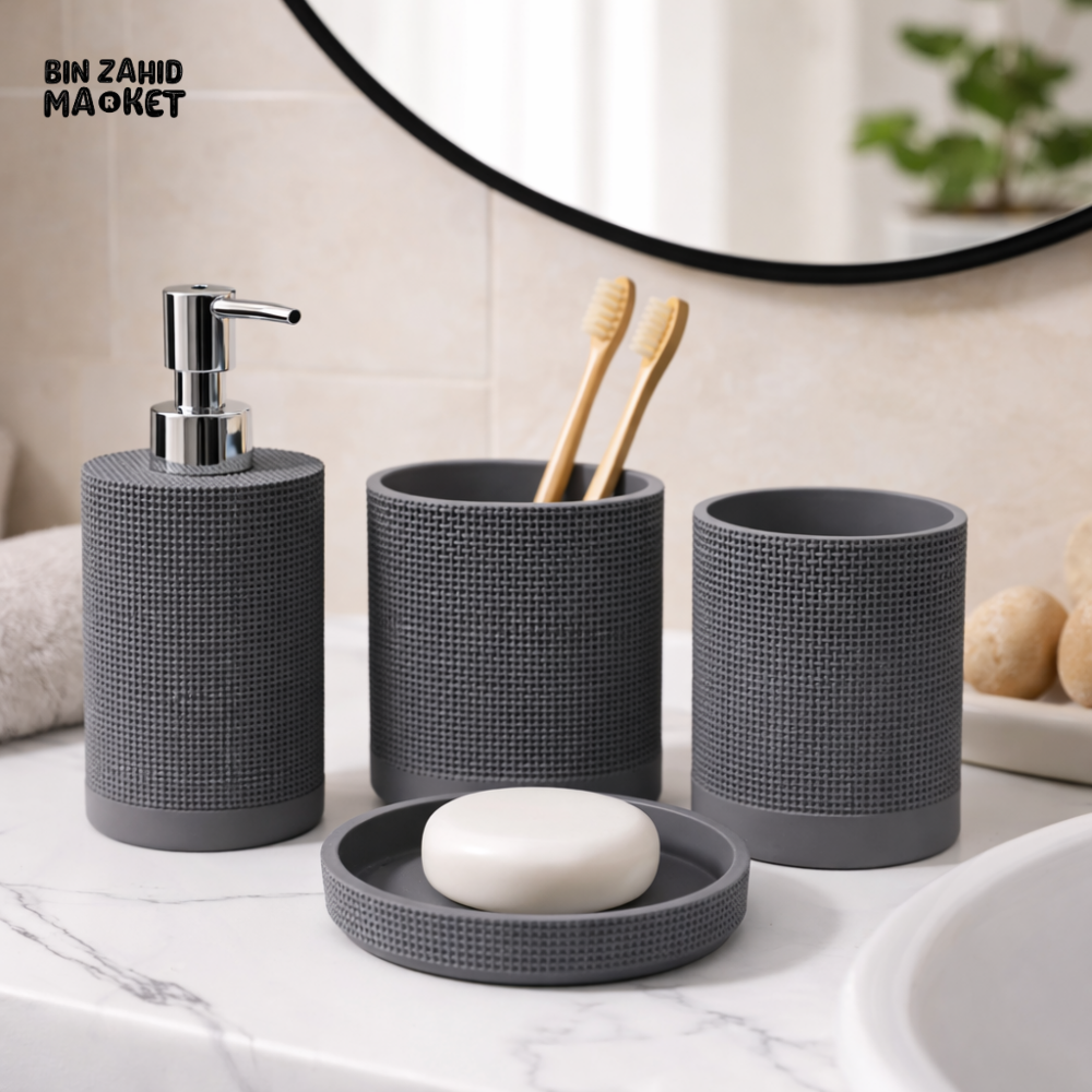 LUXURY RESIN BATHROOM ACCESSORIES SET DARK GREY TEXTURED 4 PIECES SET