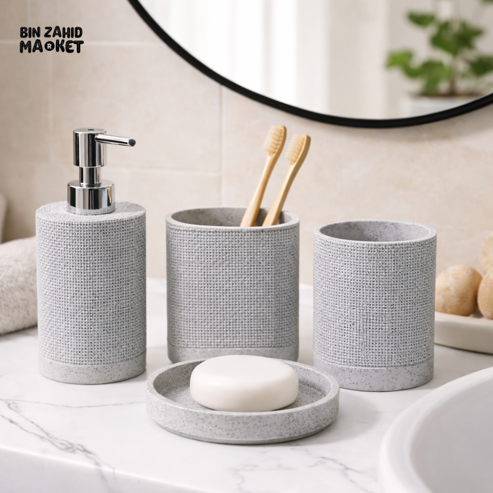 LUXURY RESIN BATHROOM ACCESSORIES SET LIGHT GREY TEXTURED 4 PIECES SET