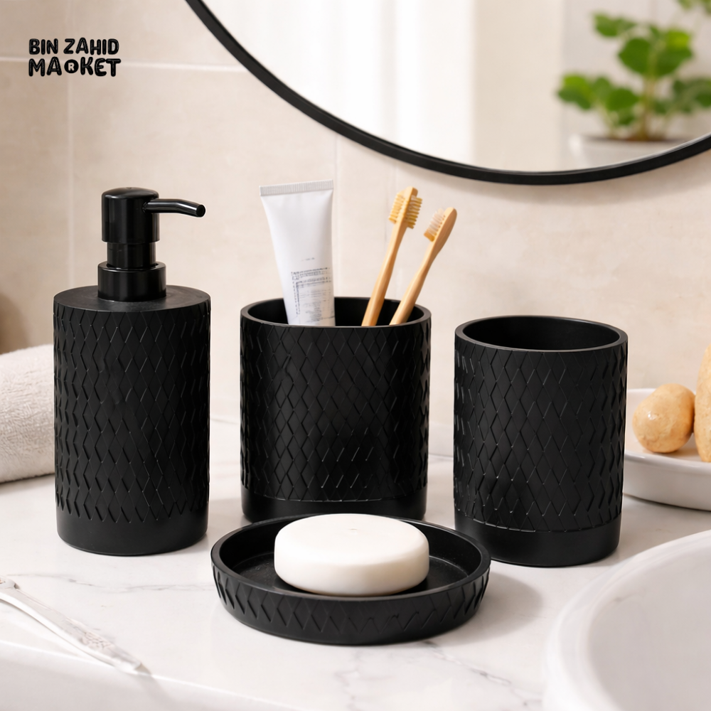 LUXURY RESIN BATHROOM ACCESSORIES SET MATTE BLACK 4 PIECES SET