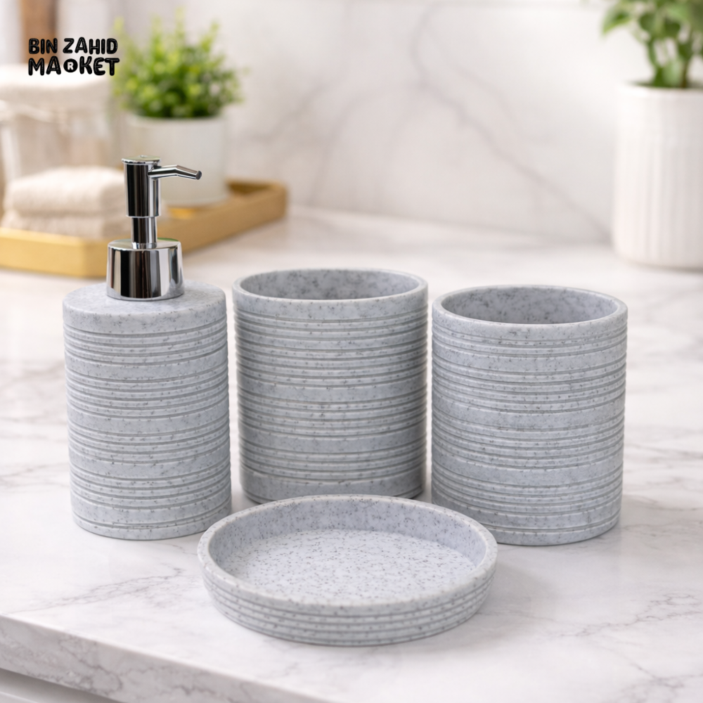 LUXURY RESIN BATHROOM ACCESSORIES SET RIBBED STONE TEXTURE 4 PIECES SET