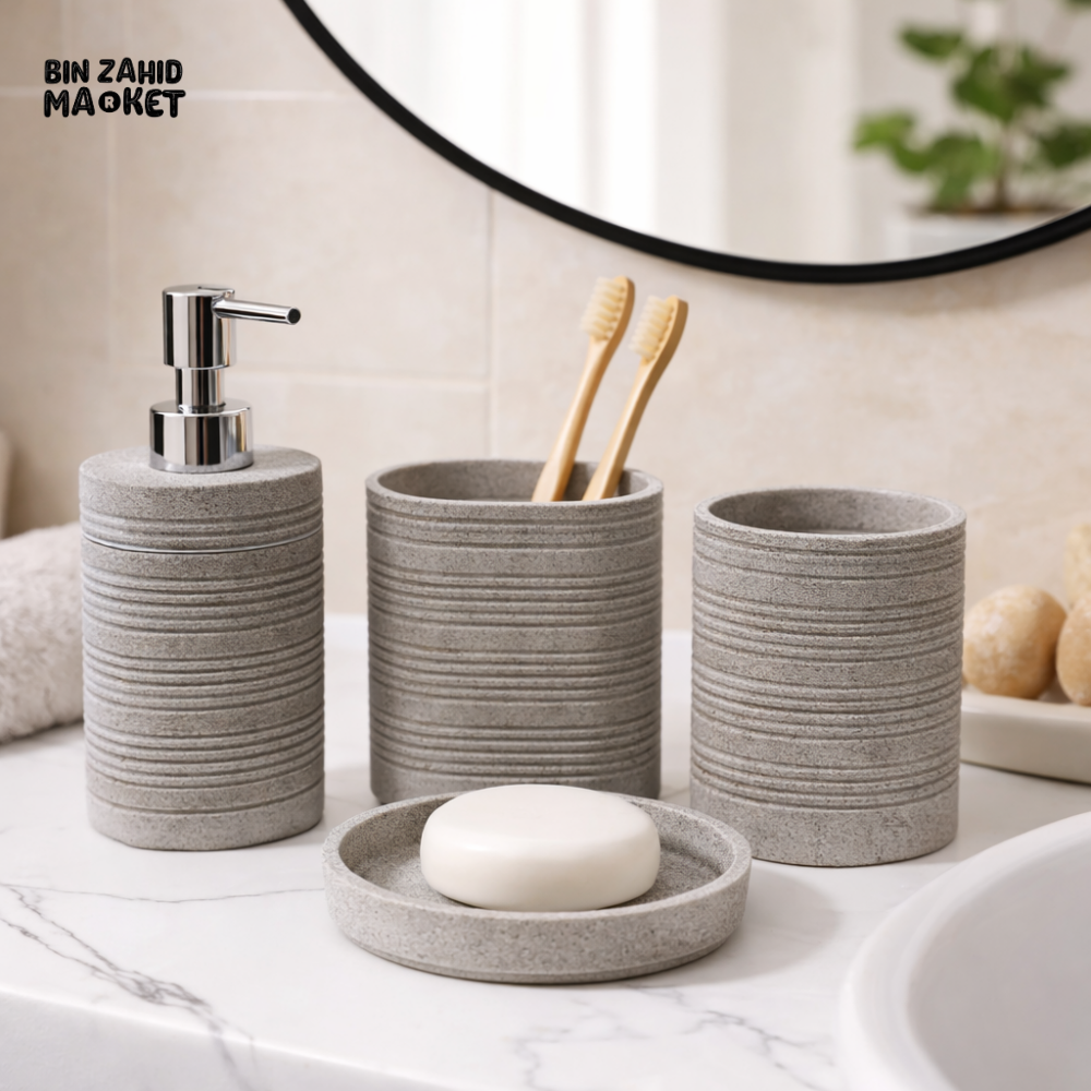 LUXURY RESIN BATHROOM ACCESSORIES SET STONE TEXTURE GREY 4 PIECES SET