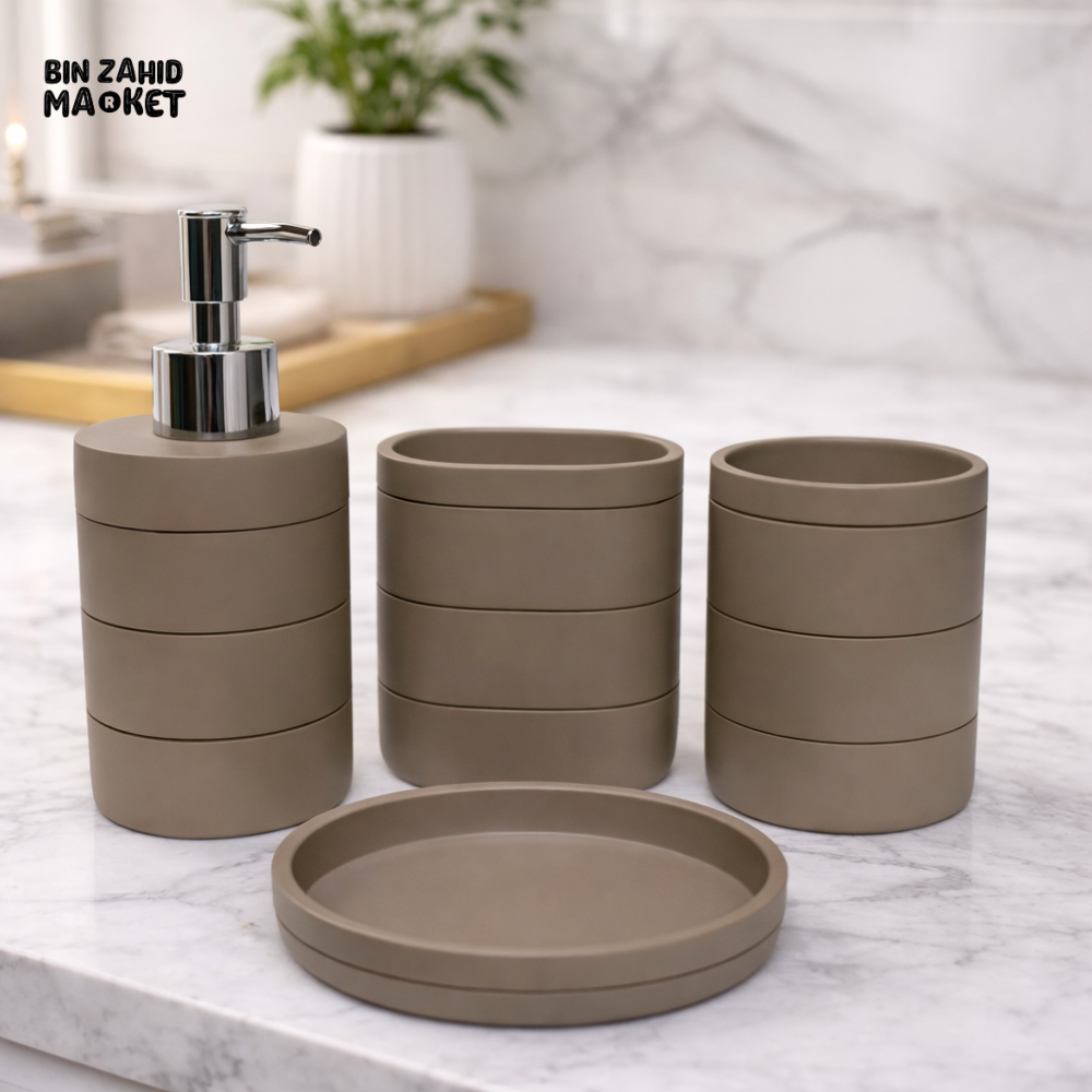 LUXURY RESIN BATHROOM ACCESSORIES SET TAUPE MATTE TEXTURE 4 PIECES SET