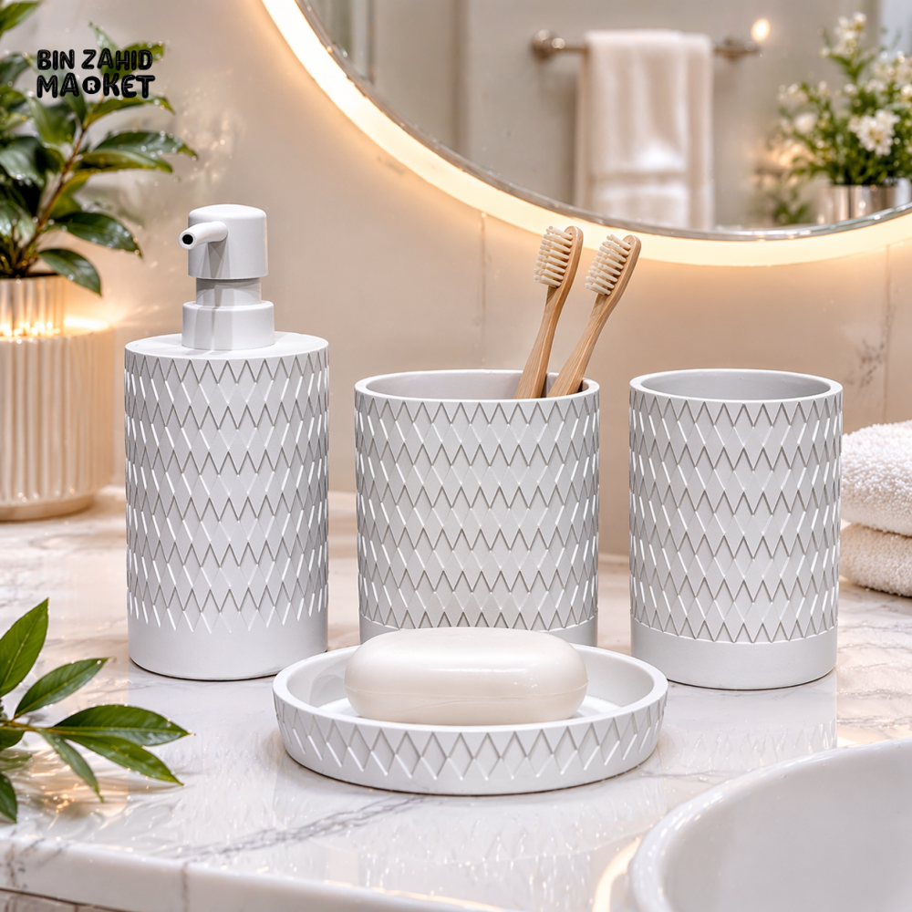 LUXURY RESIN BATHROOM ACCESSORIES SET WHITE TEXTURED 4 PIECES SET