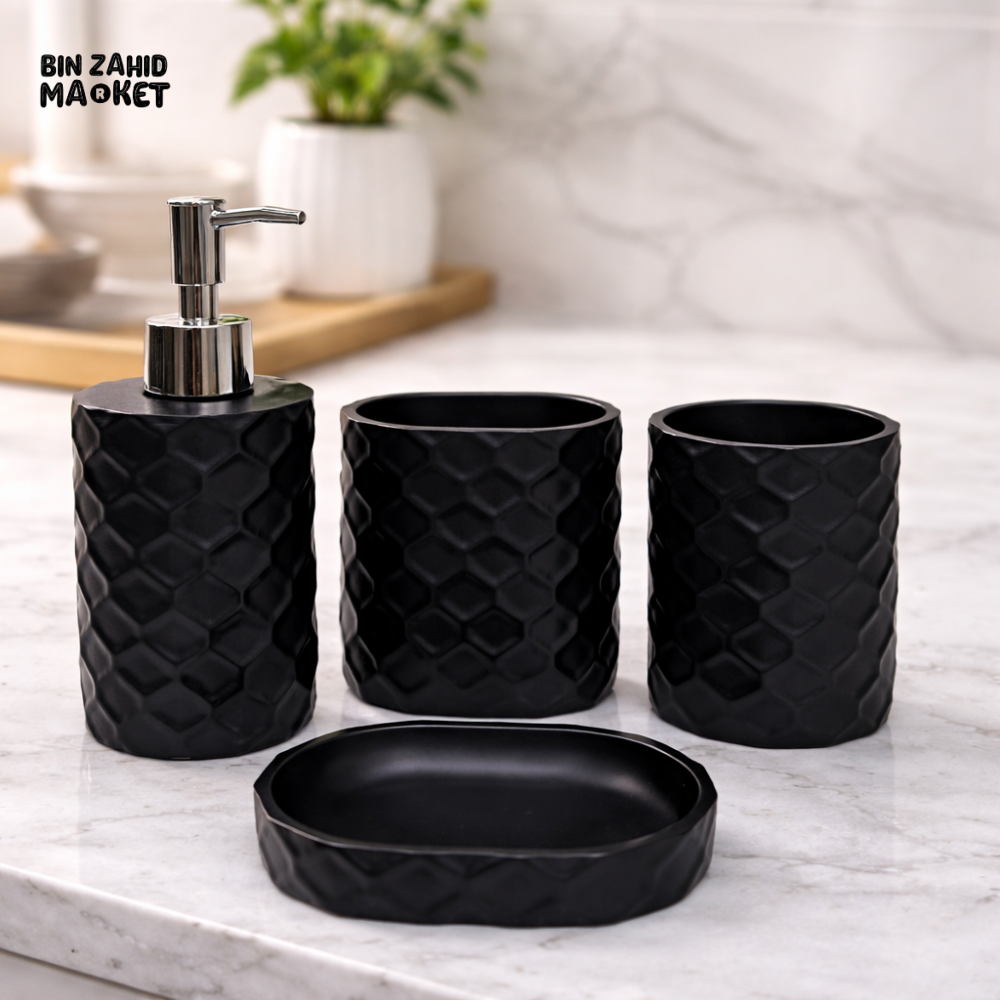 LUXURY RESIN BATHROOM ACCESSORIES SETBLACK DIAMOND TEXTURE 4 PIECES SET