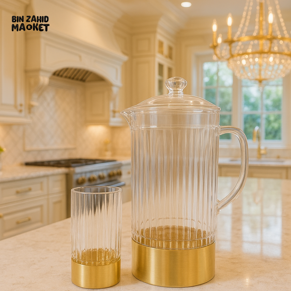LUXURY RIBBED GLASS PITCHER & TUMBLER SET – GOLD BASE DESIGN – ELEGANT WATER JUG FOR KITCHEN & DINING TABLE DECOR