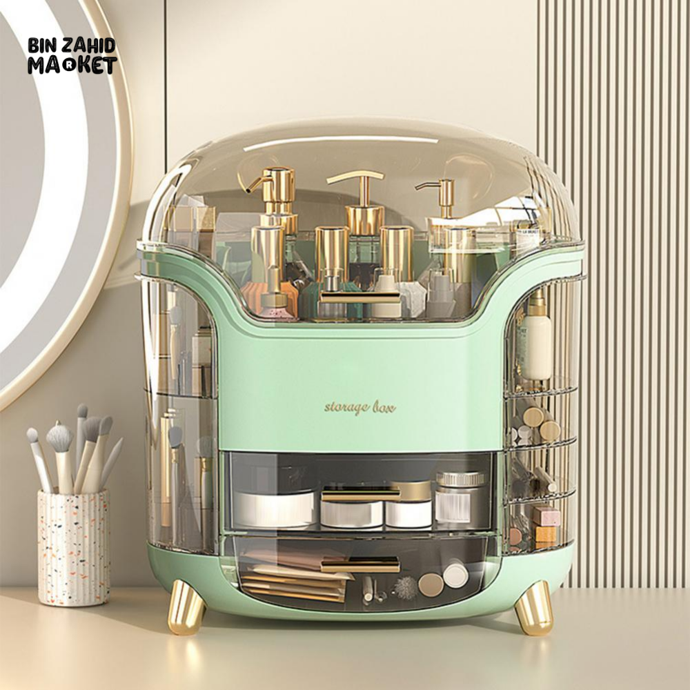LUXURY ROTATING COSMETIC ORGANIZER 360° MAKEUP STORAGE BOX MOISTURE-PROOF & STABLE - GREEN