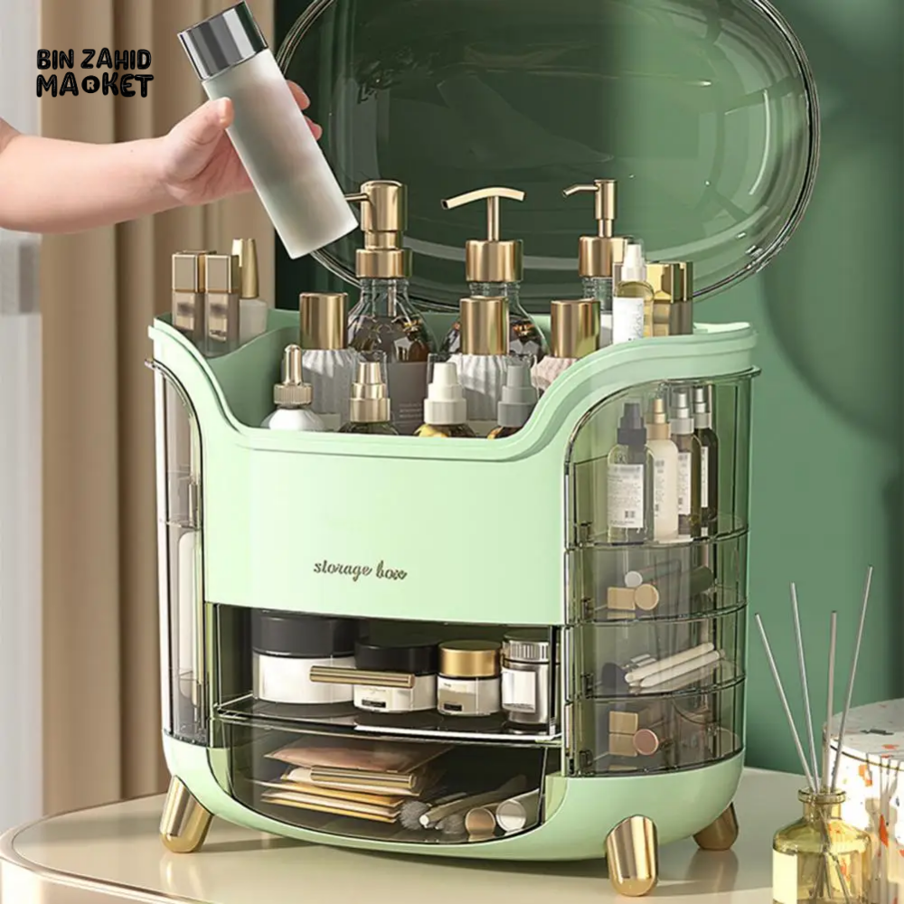 LUXURY ROTATING COSMETIC ORGANIZER 360° MAKEUP STORAGE BOX MOISTURE-PROOF & STABLE - GREEN