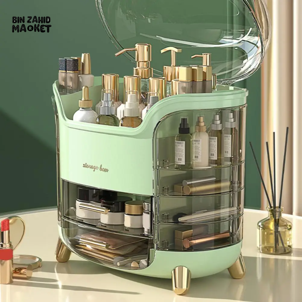 LUXURY ROTATING COSMETIC ORGANIZER 360° MAKEUP STORAGE BOX MOISTURE-PROOF & STABLE - GREEN