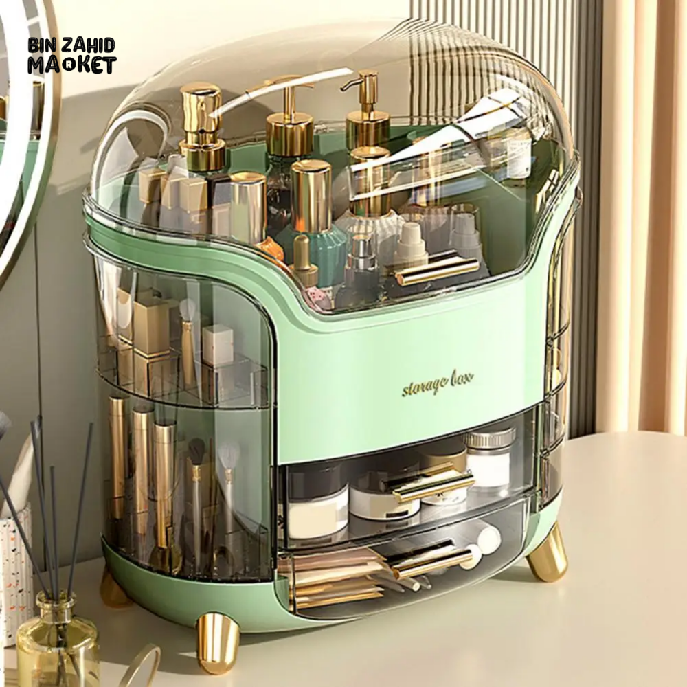 LUXURY ROTATING COSMETIC ORGANIZER 360° MAKEUP STORAGE BOX MOISTURE-PROOF & STABLE - GREEN
