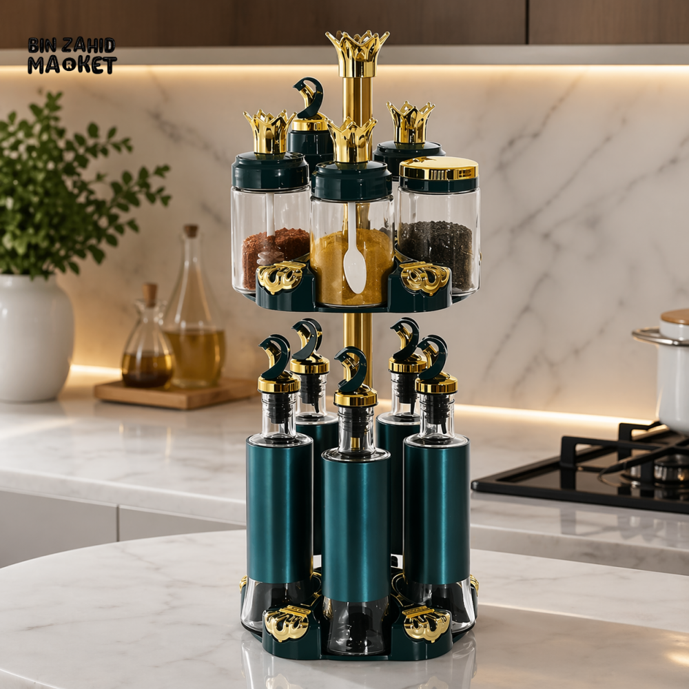 LUXURY ROTATING SPICE JAR SET WITH GOLDEN CROWN LIDS