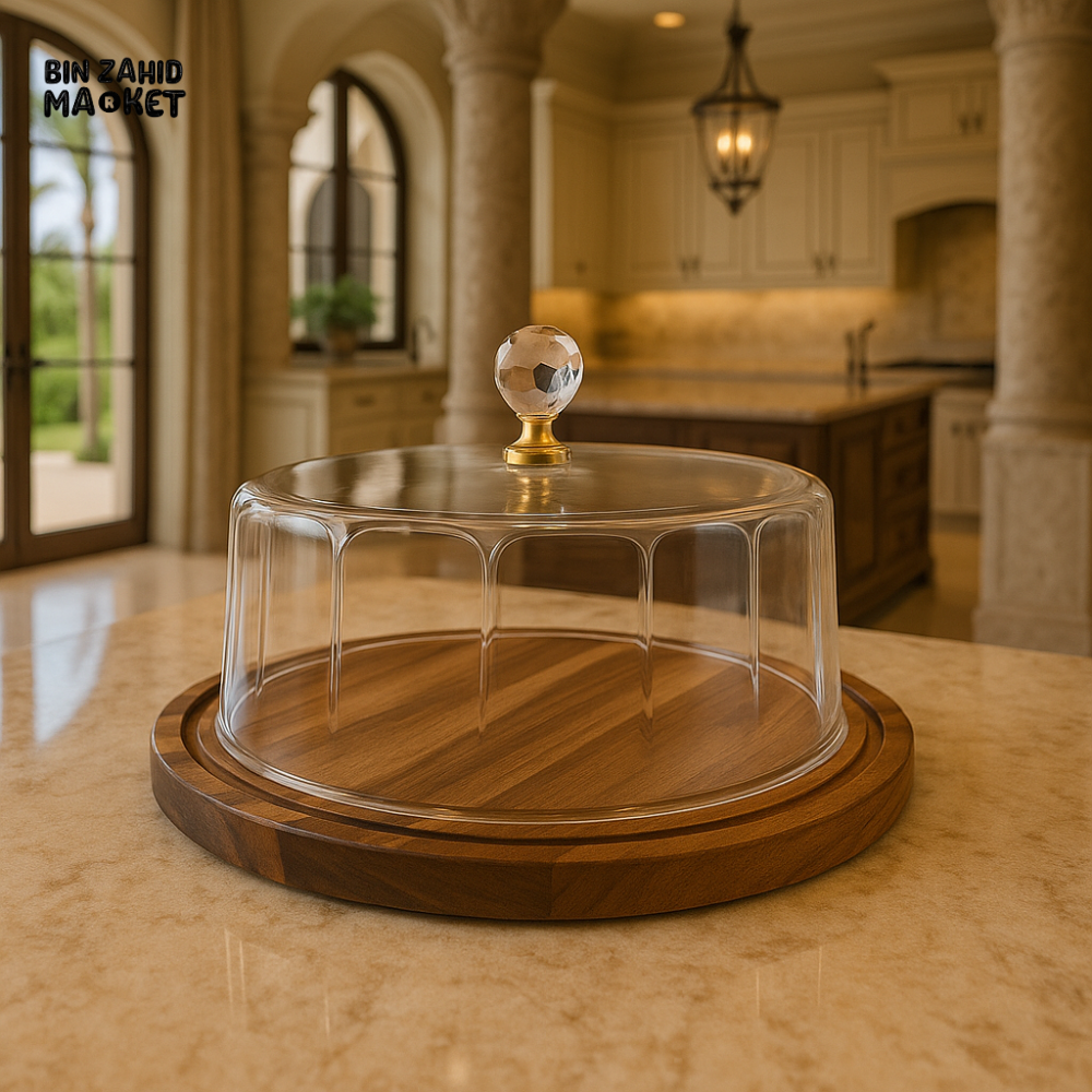 LUXURY ROUND GLASS CAKE DOME WITH CRYSTAL KNOB | WOODEN BASE DESSERT DISPLAY FOR KITCHEN & DINING