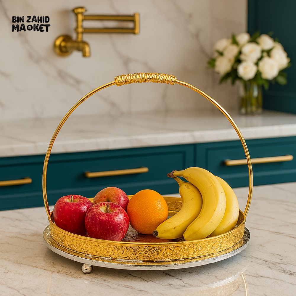 LUXURY ROUND GOLD FRUIT TRAY WITH HANDLE FOR KITCHEN COUNTER DISPLAY