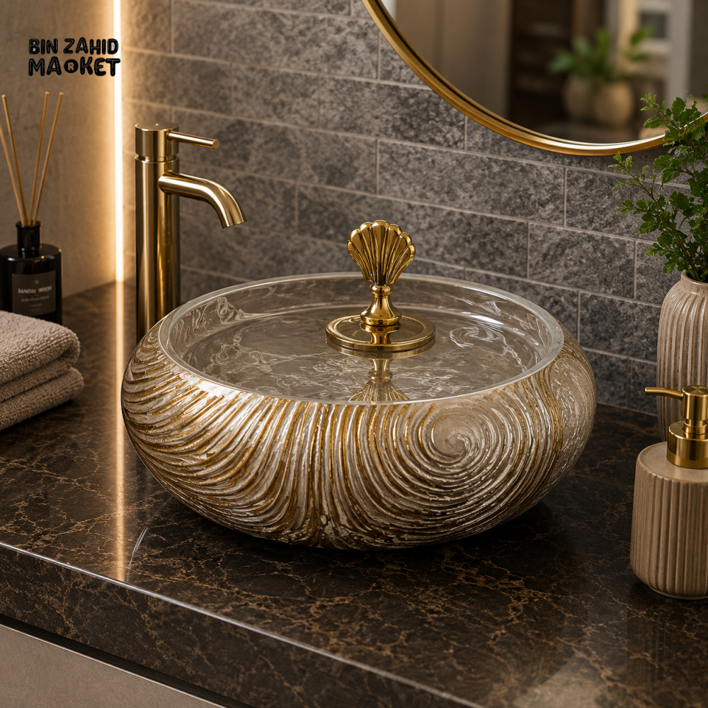 LUXURY ROUND TEXTURED CERAMIC VESSEL WASH BASIN WITH DECORATIVE LID - Figurines