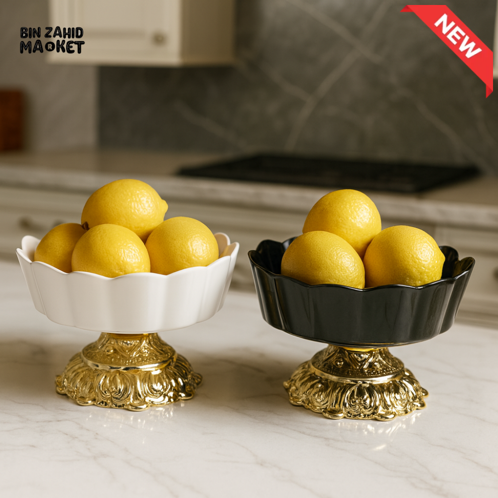 LUXURY SCALLOPED CERAMIC FRUIT BOWL WITH ORNATE GOLD BASE – 20.7CM