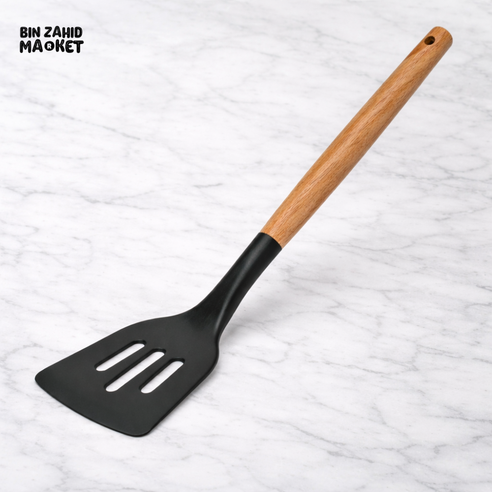 LUXURY SILICONE SLOTTED SPATULA WITH WOODEN HANDLE