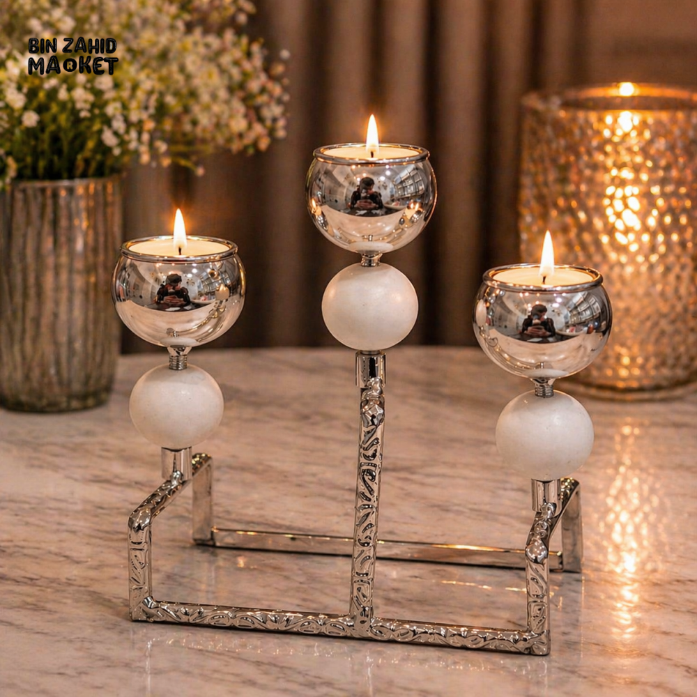 LUXURY SILVER CRYSTAL TRIPLE CANDLE HOLDER WITH MODERN FRAME DESIGN