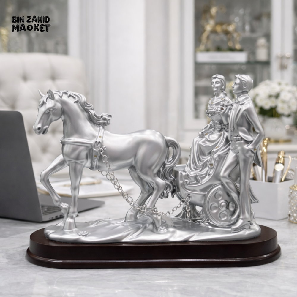LUXURY SILVER HORSE & CARRIAGE COUPLE SCULPTURE WITH WOODEN BASE – PREMIUM OFFICE & HOME DECOR STATUE