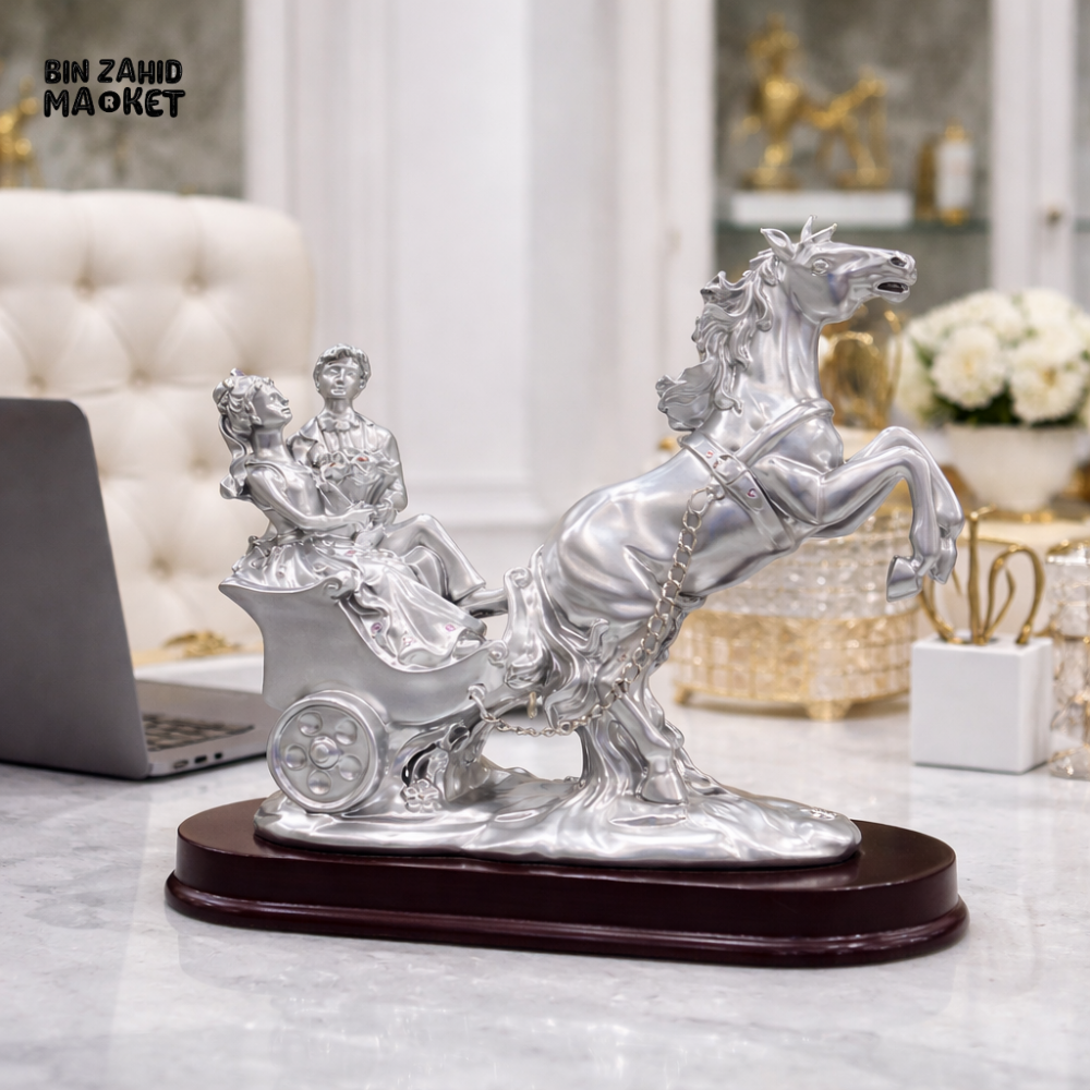 LUXURY SILVER HORSE & CHARIOT SCULPTURE WITH WOODEN BASE – CLASSIC OFFICE & HOME DECOR STATUE