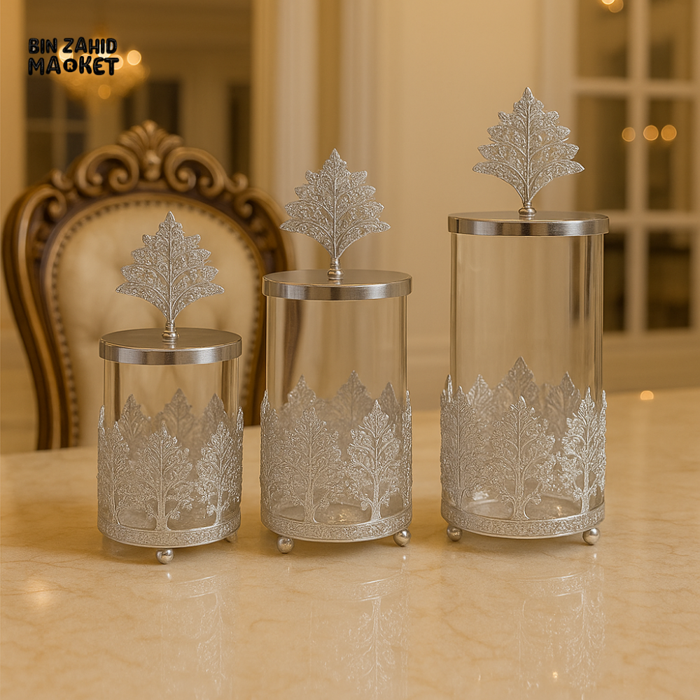 LUXURY SILVER ORNATE STORAGE JAR SET FOR DINING TABLE DECOR