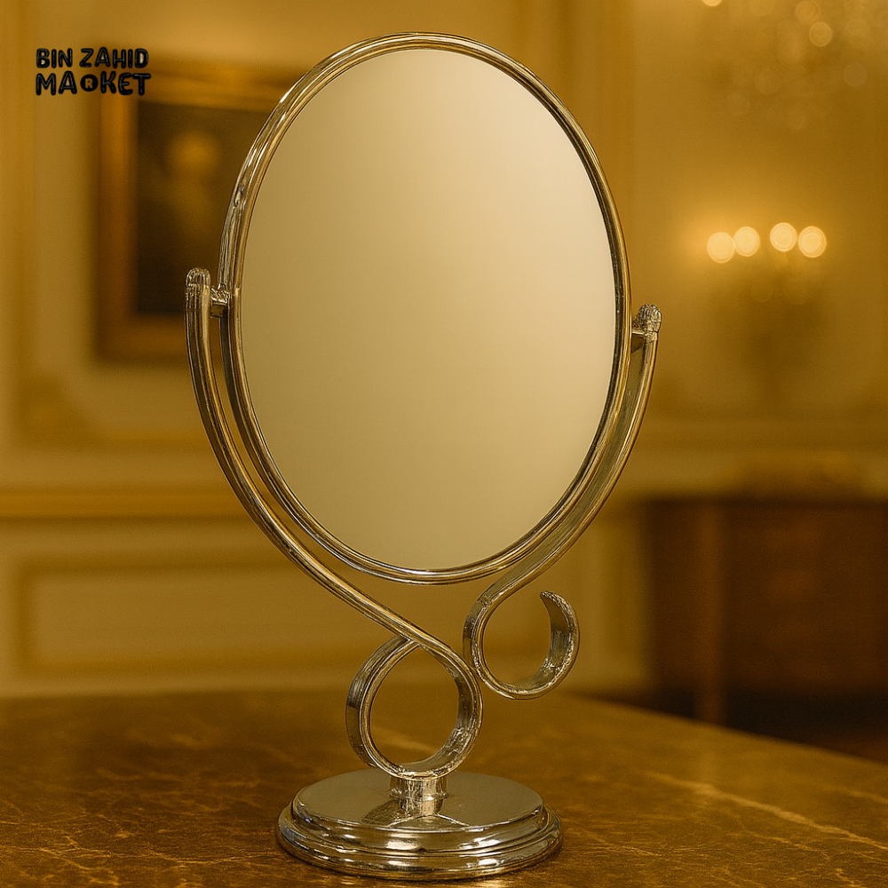 LUXURY SILVER OVAL MAKEUP MIRROR – STYLISH TABLETOP VANITY MIRROR WITH METAL BASE