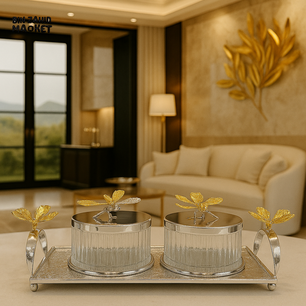 LUXURY SILVER PLATED CRYSTAL JAR SET WITH TRAY FOR TABLE DECOR