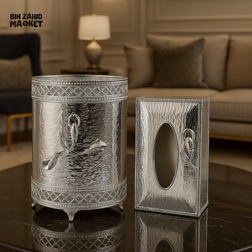 LUXURY SILVER PLATED TISSUE BOX AND TRASH BIN SET FOR VILLA ROOM DECOR