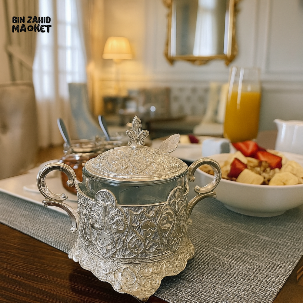 LUXURY SILVER SUGAR BOWL WITH SPOON – ELEGANT ORNATE DESIGN FOR BREAKFAST & HIGH TEA TABLES