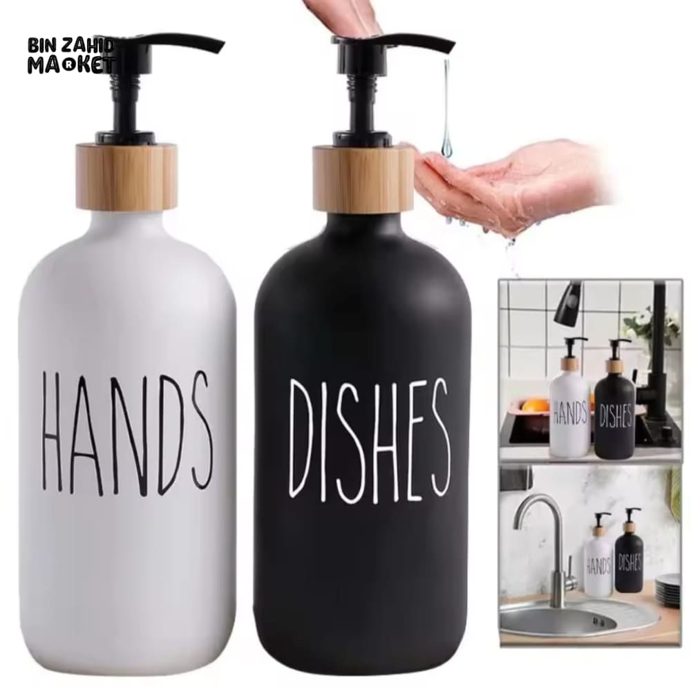 LUXURY SOAP DISPENSER SET 2-PACK – MATTE BLACK & WHITE WITH BAMBOO ACCENT REFILLABLE PUMPS
