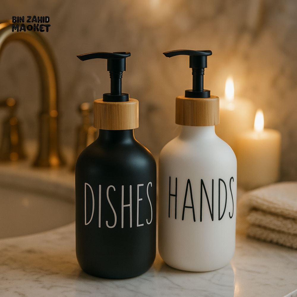 LUXURY SOAP DISPENSER SET 2-PACK – MATTE BLACK & WHITE WITH BAMBOO ACCENT REFILLABLE PUMPS