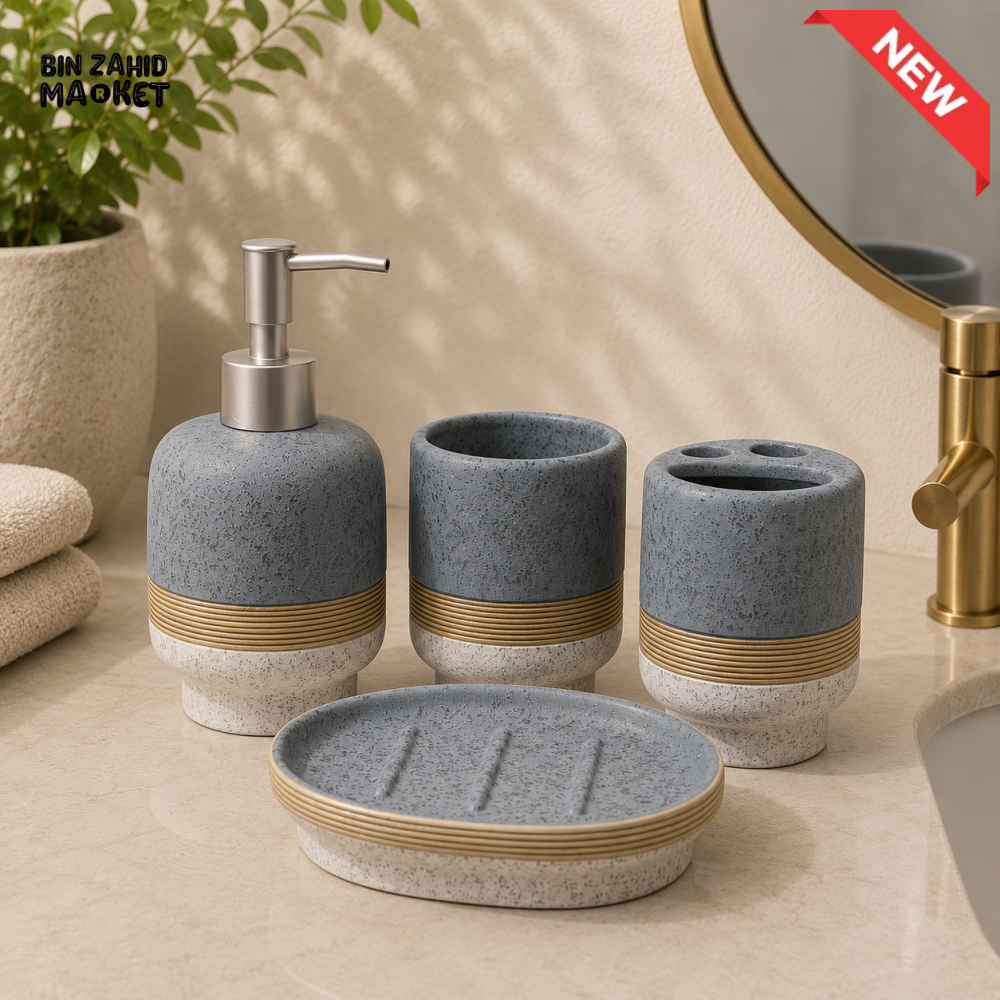 LUXURY SPECKLED CERAMIC 4-PIECE BATHROOM ACCESSORY SET - Gray