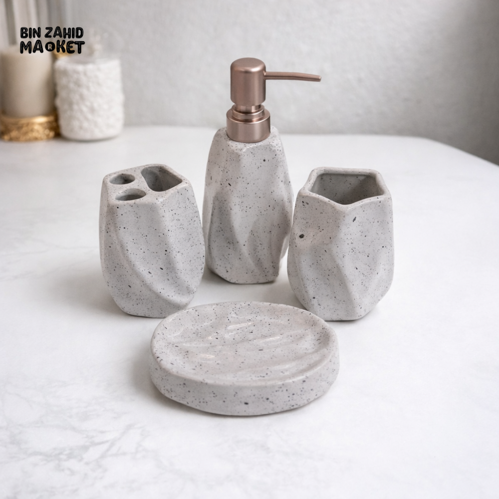 LUXURY SPECKLED CERAMIC BATHROOM ACCESSORY SET WITH SOAP DISPENSER