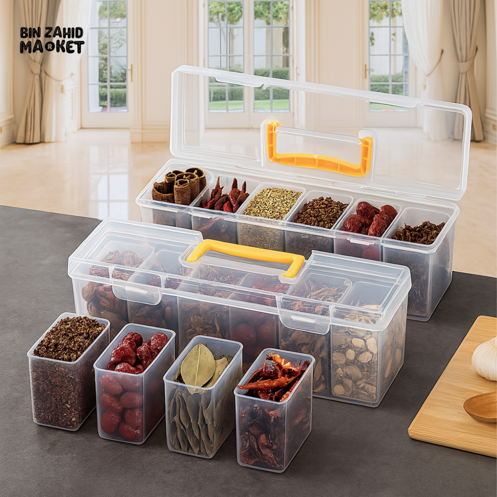 LUXURY SPICE STORAGE BOX WITH LID – TRANSPARENT ORGANIZER FOR KITCHEN HERBS & DRY ITEMS