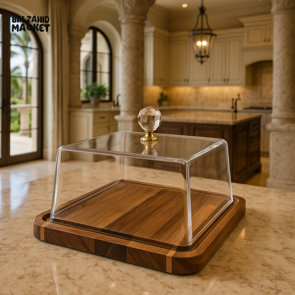 LUXURY SQUARE GLASS CAKE DOME WITH WOODEN BASE | ELEGANT DESSERT DISPLAY FOR MODERN KITCHENS