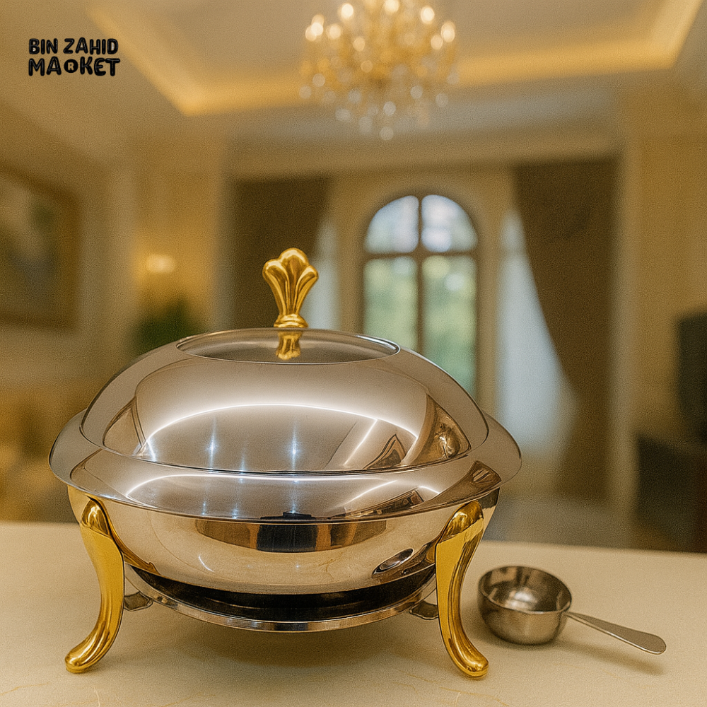 LUXURY STAINLESS STEEL CHAFING DISH WITH GOLD LEGS – ELEGANT VILLA BUFFET SERVER 28CM GSY 009