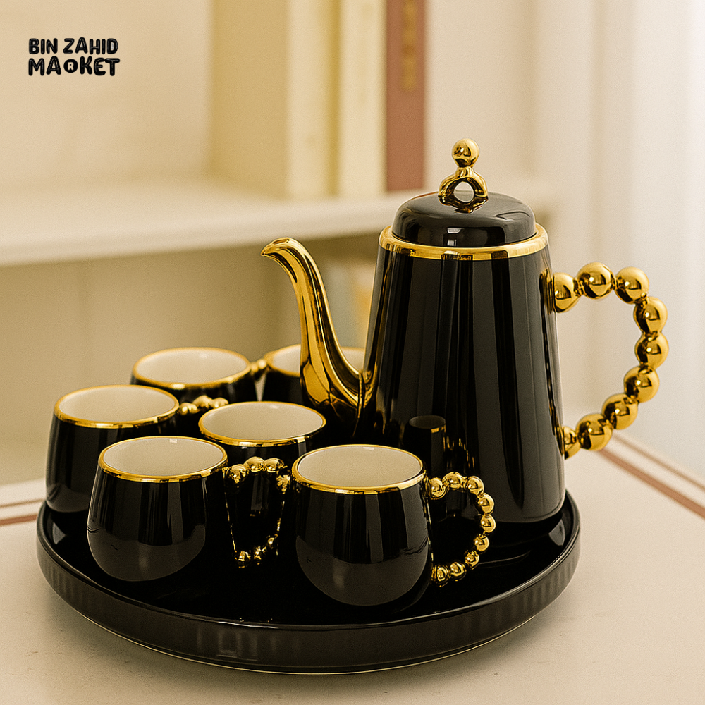 LUXURY TEA SET WITH GOLD ACCENTS 6 PIECE ELEGANT SERVING SET FOR VILLA KITCHEN DECOR - BLACK