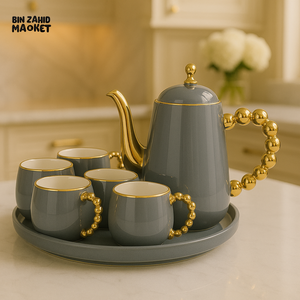 LUXURY TEA SET WITH GOLD ACCENTS 6 PIECE ELEGANT SERVING SET FOR VILLA KITCHEN DECOR - GRAY