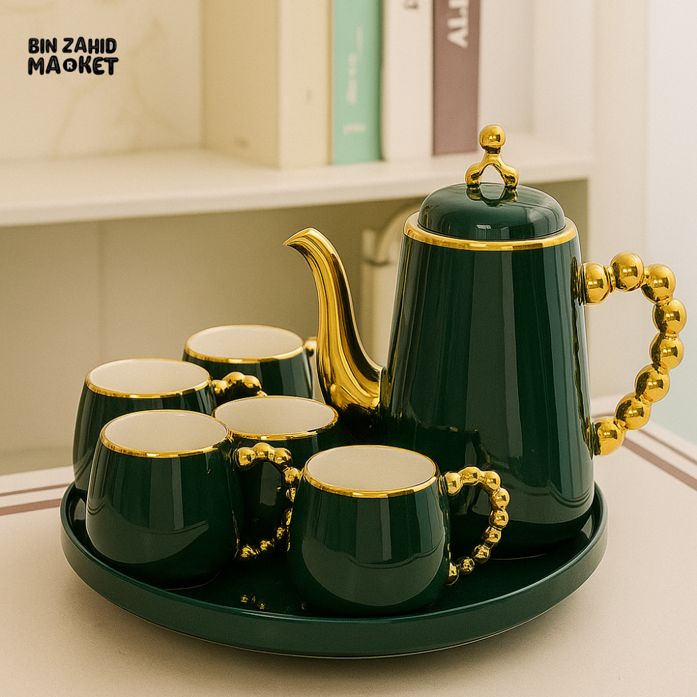 LUXURY TEA SET WITH GOLD ACCENTS 6 PIECE ELEGANT SERVING SET FOR VILLA KITCHEN DECOR - GREEN