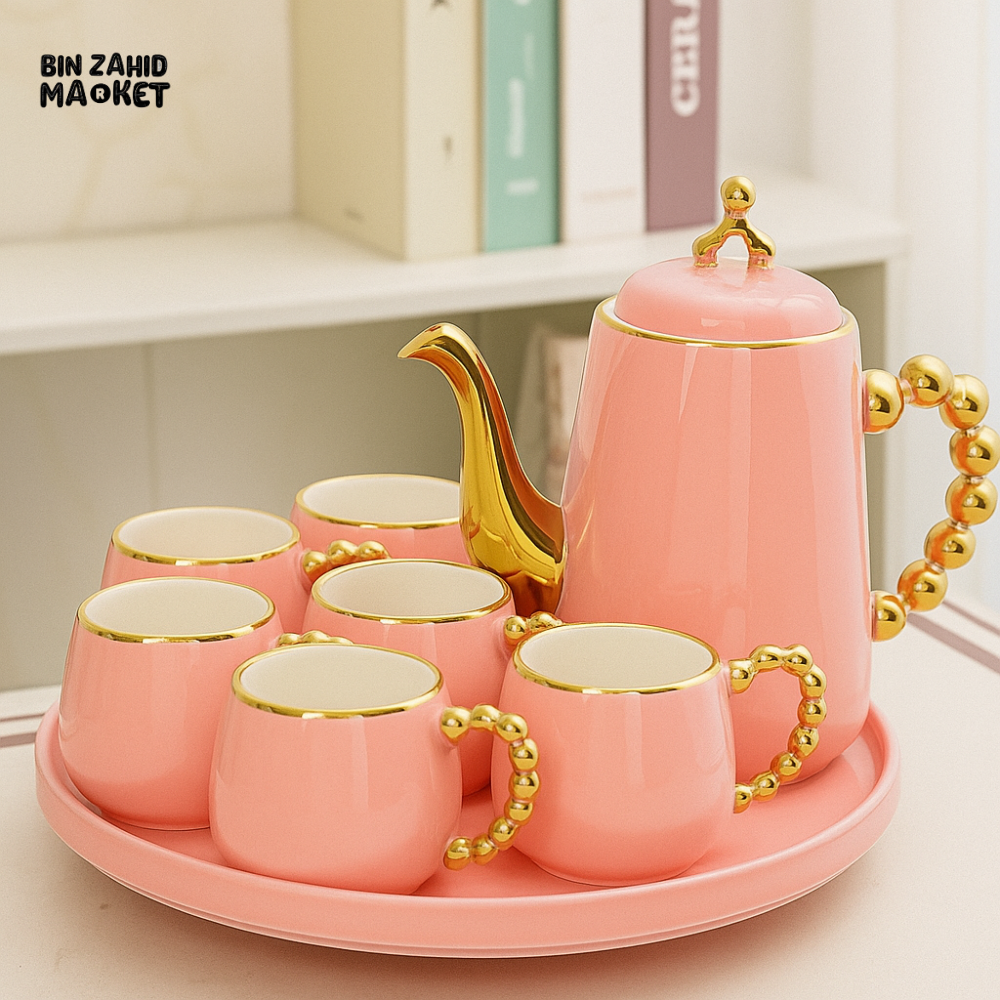 LUXURY TEA SET WITH GOLD ACCENTS 6 PIECE ELEGANT SERVING SET FOR VILLA KITCHEN DECOR - PINK